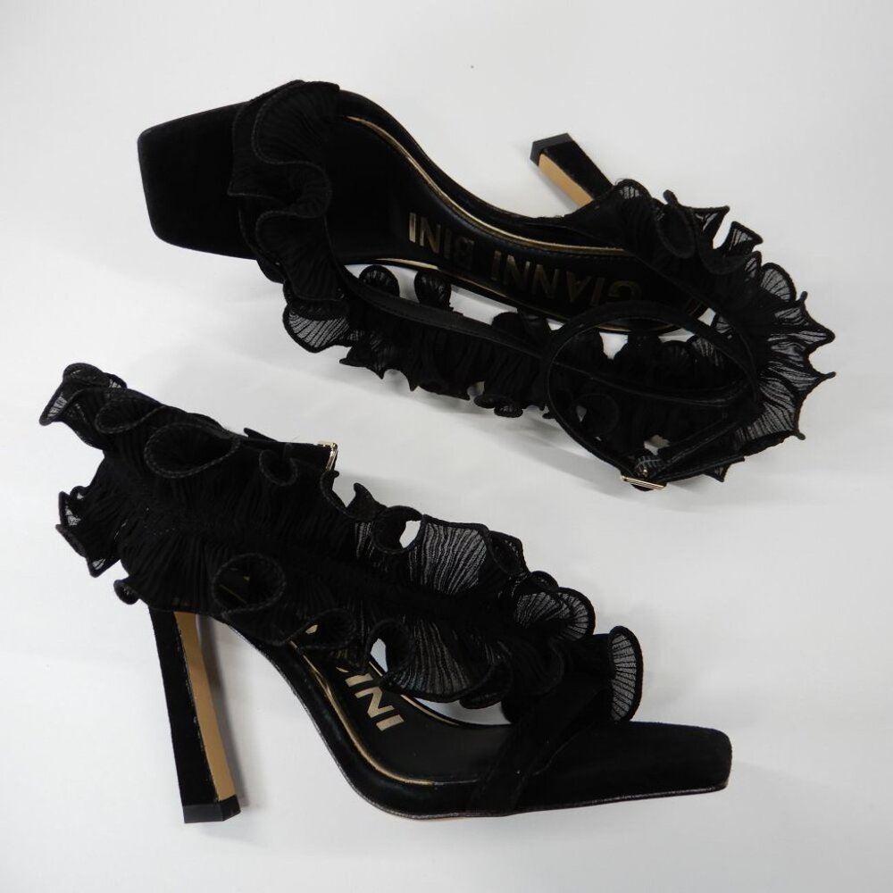 Gianni Bini Franz Sandals High Heels Size 6 Black Suede Chiffon Ruffle NEW - Picture 12 of 15